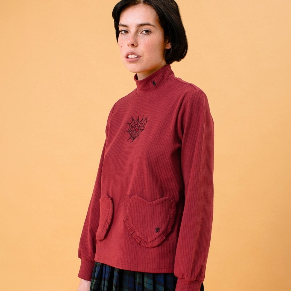 Kina & Tam Loveweb Top Spiderweb Heart Red Mockneck Ribbed Top